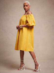 Vixey Solid Woven Off Shoulder Volume Petal Sleeve Short Bubu Dress With Pockets - Yellow - View 5
