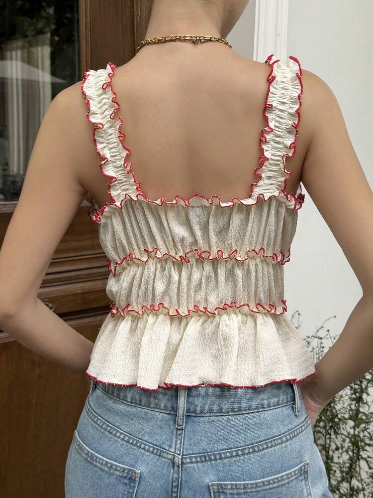 Women's Frill Trim Front Tie Pleated Camisole