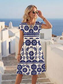 EMERY ROSE Casual Loose Round Neck Short Sleeve Midi Dress For Women, Suitable For Summer Spring,Casual - Multicolor - View 7