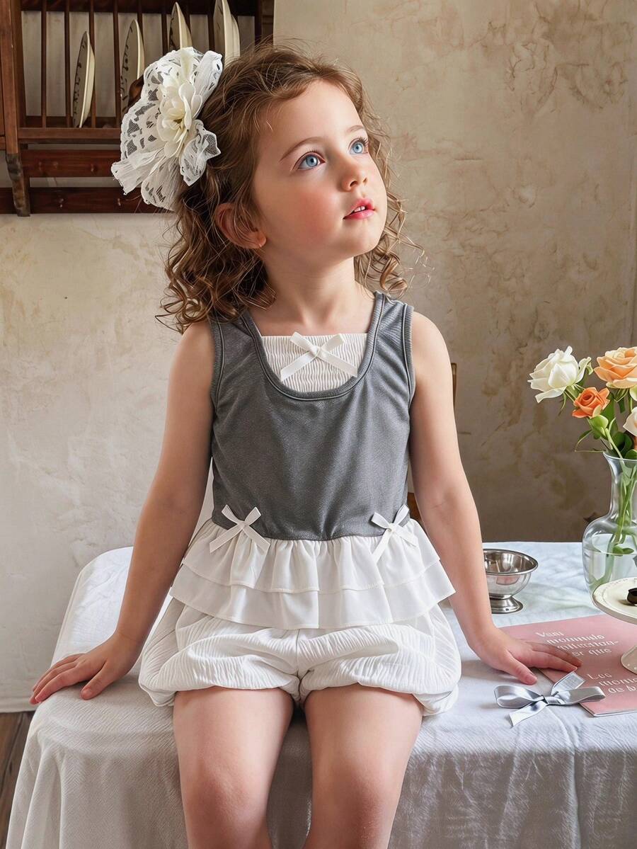 Young Girl Bow Decor Vest And Shorts 2pcs Set - Multicolor - View 1