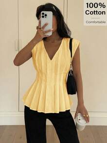 Siren Gaze Áo nữ mùa hè thanh lịch, cổ chữ V, tay ngắn, xếp ly, dáng ôm, kiểu peplum, thích hợp cho công sở, đi nghỉ mát, dự tiệc, trang phục mùa xuân cho nữ, áo kiểu nữ thanh lịch, trang phục thường ngày, áo công sở cho nữ, trang phục kinh doanh cho nữ. - Vàng nhạt - Xem 3