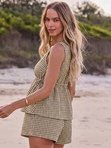 Aralina Women 2pcs Summer Yarn Dyed Stripe Ruffle Detail Top And Short Two Pieces Set Cute Going Out Holiday Outfit Y2K Stockholm Style - Khaki - View 9