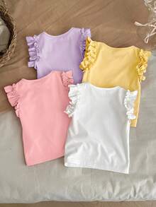 LMoss Kids 4pcs/Set Young Girl Casual Solid Color T-Shirts - Multicolor - View 2