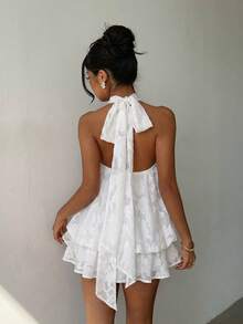 Elegant Women's Mini Dress With Halter Neck And Bow In Light Yellow - Cream - View 2
