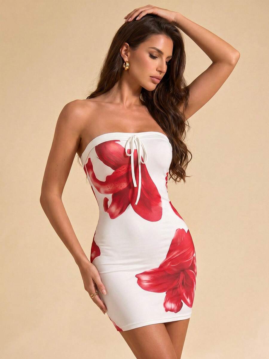 Bluhae Women's Elegant Sexy Floral Sequin Print Backless Ruffle Mini Dress, Suitable For Vacation, Party Beach, Gathering, Spring/Summer White - Multicolor - View 1