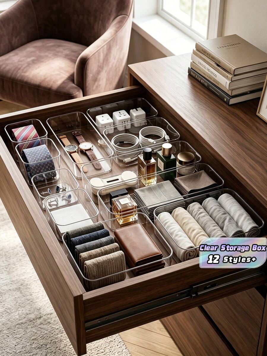 Caja de almacenamiento de cosméticos de escritorio, juego de organización de cajones de plástico transparente, caja de almacenamiento de tocador transparente, caja de almacenamiento exquisita, caja de partición de cajón de escritorio y caja de almacenamiento, adecuada para cosméticos, joyas, herramientas pequeñas en la cocina, el dormitorio, el baño, la oficina, la decoración del cajón del escritorio para fiestas - transparente - Ver 1