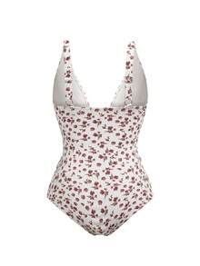 SHEIN Vacation Pool Party Beach Women Checkered Prints Simple Style Sexy Tropical One-Piece Swimsuit For Holiday White Floral Summer - Multicolor - View 3
