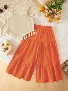 Emery Rose Kids Emery Rose Kids 2件套女童针织纯色3D立体花朵流苏边吊带背心和宽松裤子套装 - 橘色 - 查看 7