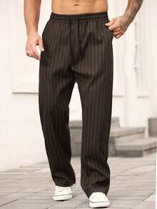 Manfinity Homme Pantalones rectos con cintura con cordón y estampado de rayas, adecuados para el uso diario - Café integral - Ver 6