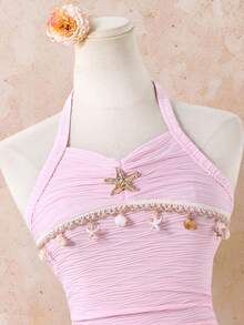 SHEIN Sparklyn Teen GirlPink Starfish Decor Halter Neck Dress - Pink - View 5