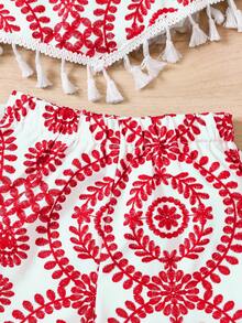 Bộ đồ đi biển mùa hè phong cách Bohemian in hình cây cỏ, có tua rua, gồm áo hai dây và quần short cho bé gái tuổi teen. - Đỏ - Xem 5