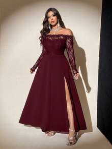 Viva Relle Sexy Fitted Off Shoulder Mesh Long Sleeve Plus Size Dress - Red - View 1