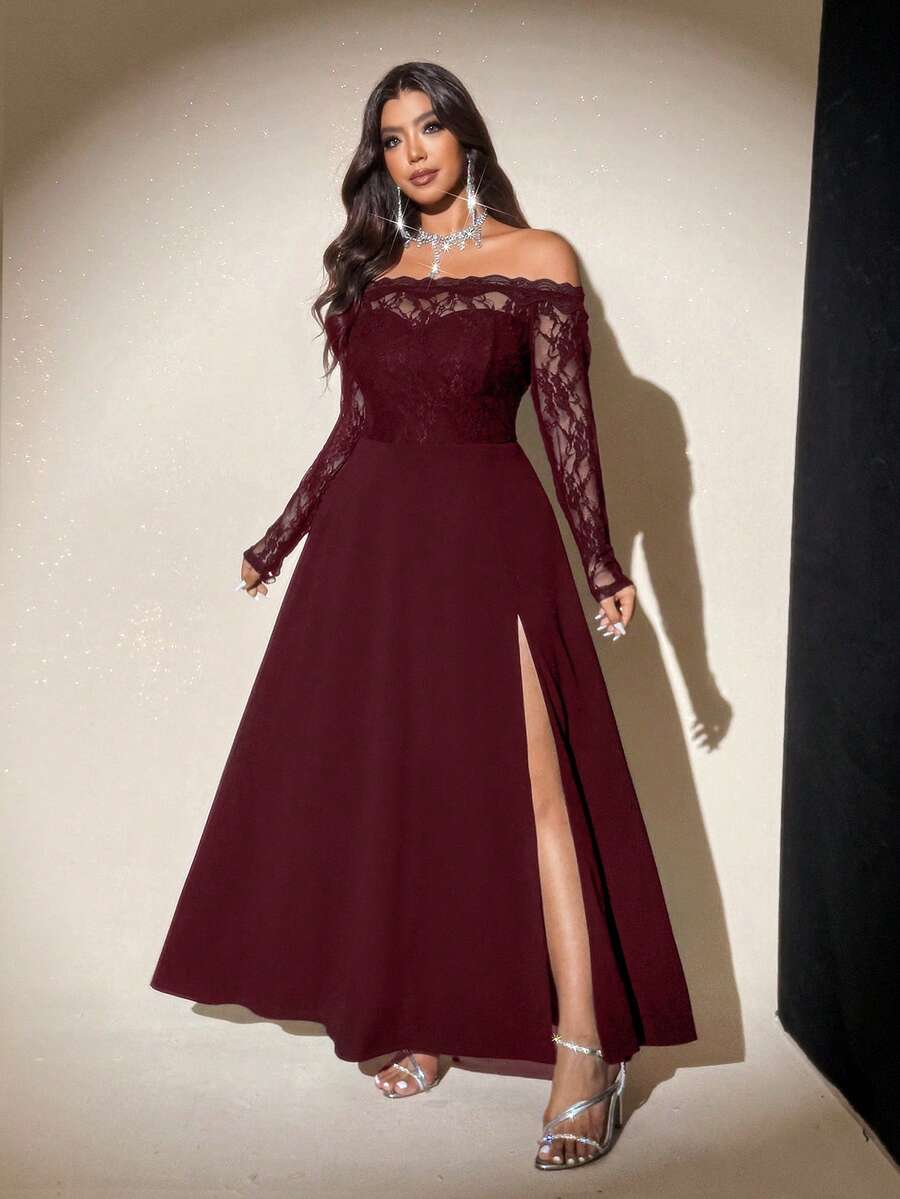 Viva Relle Sexy Fitted Off Shoulder Mesh Long Sleeve Plus Size Dress - Red - View 1