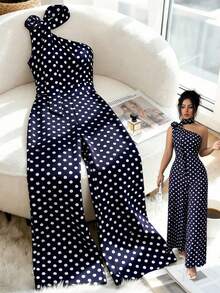 GlowEve CURVE Plus Size Women's Elegant Black & White Polka Dot Asymmetrical Shoulder Jumpsuit, Suitable For Commuting, Spring/Summer - Blue - View 1
