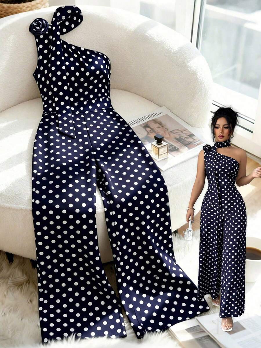 GlowEve CURVE Plus Size Women's Elegant Black & White Polka Dot Asymmetrical Shoulder Jumpsuit, Suitable For Commuting, Spring/Summer - Blue - View 1