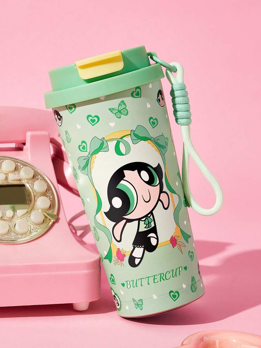 THE POWERPUFF GIRLS X SHEIN 500毫升/16盎司真空隔热不锈钢杯,配1个防漏盖,适用于冷热饮,适用于大多数车载杯架 - 綠色 - 查看 1