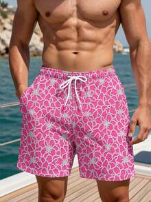 Manfinity Swimmode Celana Pendek Pria Warna Pink untuk Liburan Musim Panas Gaya Boho di Pantai dengan Motif Bunga dan Tali Serut, Set Pakaian Renang Pasangan, Baju Renang Liburan Tropis Hawaii - MultiWarna - View 2