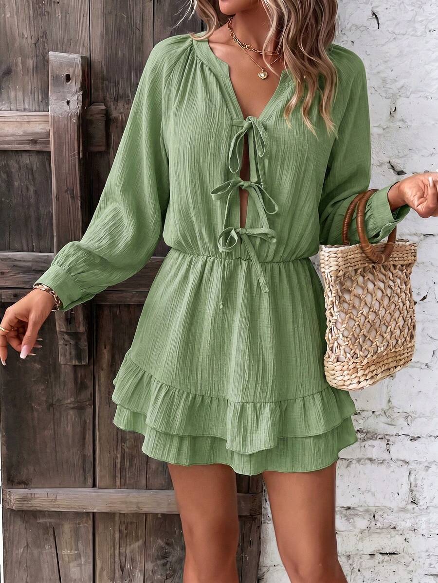 Breezaya Bộ áo liền quần có dây buộc nơ và viền bèo nhún