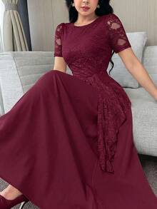 Modelyn 女士纯色荷叶边蕾丝拼接圆领短袖连衣裙 - 酒紅色 - 查看 6