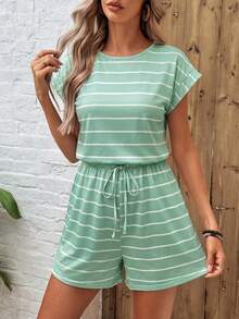 SHEIN LUNE Plus-Size Women'S Summer Black And White Striped Waistband Crew Neck Casual Romper Women Summer Clothes - Multicolor - View 4