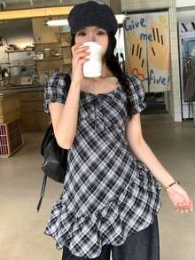 DAZY 女款格紋圓領休閒短袖上衣圖案T恤校園風 - 黑色 - 查看 3