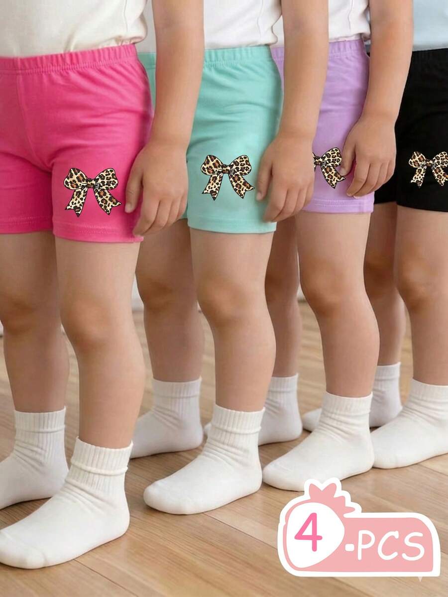 4pcs/Set Girls 4-7Y White Summer Casual Solid Color,Leopard Bow Print Elastic Waist Shorts,Versatile All-Match Bottoms For School,Daily Wear - Multicolor - View 1