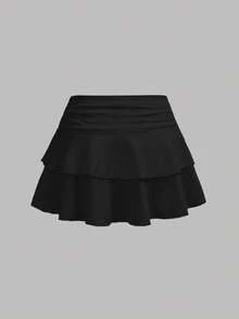 SHEIN Girlism 少女碎花露脐背心和荷叶边半裙两件套，休闲度假装 - 黑色 - 查看 8