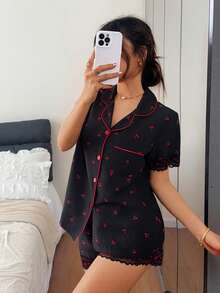 Napfluff 泡泡褶皱樱桃蕾丝边翻领短袖女士睡衣套装 - 黑色 - 查看 4