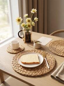 1pc Natural Woven Gourd Placemats, Round Placemat, Rattan Placemat, Water Gourd Hand-Woven Placemat, Woven Placemat Set, Dinner Plate Heat/Slip Resistant Table Mat, For Home Dinning Room And Restaurant, Home Supplies, Stylish Decorative Coasters With Durable Surface Protection, Fits Modern & Traditional Home Decor - Camel - View 3