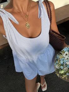 SHEIN EZwear 女款藍色條紋印花打結梭織無袖連身褲 - 藍白色 - 查看 8