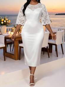 Fleurora Große Größen Rundhals Raglan Halbarm Spitze Patchwork figurbetontes elegantes Kleid - Weiss - Übersicht 5