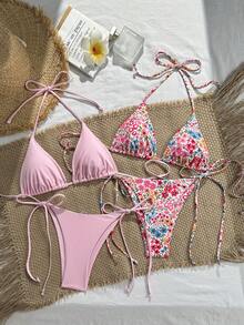 Swim Mod 4件組女款泳衣套裝，掛脖綁帶設計，三角比基尼，極簡碎花海灘度假泳裝 - 彩色 - 查看 4