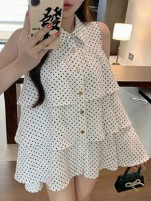 FRIFUL Women's Regular Lapel Metal Button Decor Loose Multi-Layered Ruffle Trim Loose Solid Color Summer Casual Blouse - Beige - View 2