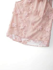 SHEIN Elenzya 女士粉色网纱刺绣法式拼接3D立体花卉无袖吊带蝴蝶结A字衬衫，优雅高端精致小众夏季上衣 - 粉色 - 查看 4