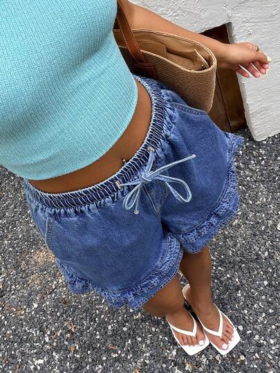 Sunnyshic Women's Elastic Waist Ruffle Trim Denim Shorts