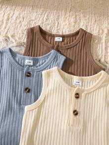 SHEIN Vintaside Kids 6件組 嬰幼兒男童夏季套裝 無袖背心上衣 & 短褲 純棉針織 寬鬆版型 米色 休閒 親子度假穿搭服 - 彩色 - 查看 8