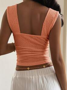 Top de Verano para Mujer , de Color Sólido, Cuello Cuadrado, Tirantes Anchos, Ajustado y con Relieve - Negro - Ver 3