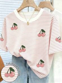 EMERY ROSE Plus Size Women's Casual Cherry Striped Print Round Neck Short Sleeve T-Shirt, Suitable For Spring And Summer - Multicolor - View 4