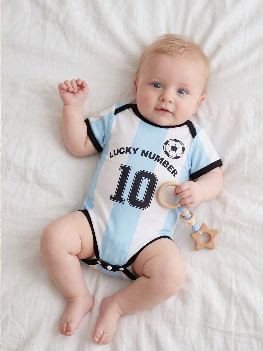 SHEIN Newborn Baby Boys Summer Short Sleeve Bodysuit, Sporty Soccer Theme Blue & White Striped Romper, No.10 Football Jersey Style Bodysuit, Unisex