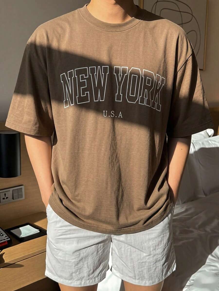 DAZY Men's Casual Brown Letter Print T-Shirt, Summer - Mocha Brown - View 1