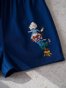 Nick 90s | SHEIN Conjunto de camiseta de manga corta y pantalones cortos de verano casual para bebé niño, con estampado de letras de dibujos animados y contraste de colores, ideal para uso diario, viajes y vacaciones - Azul Marino - Ver 5