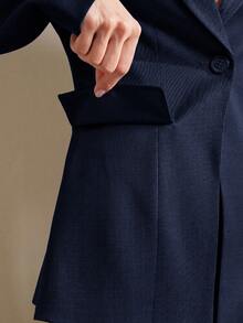 Anewsta Navy Blue Autumn Business Corporate Suit Set,Elegant Office Women's Solid Color Single-Breasted Long Sleeve Vintage Suit For Wedding Guests - Navy Blue - View 7