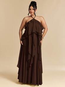 SHEIN BAE Đầm dự tiệc đi biển dáng rộng, dài, màu xanh lá cây, xếp ly, cổ yếm, buộc dây, dành cho người có vóc dáng đầy đặn. - màu nâu - Xem 3
