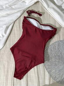 Swim Chiccia 一件纯色面料金属装饰设计，优雅性感女士连体衣 - 紅色 - 查看 2