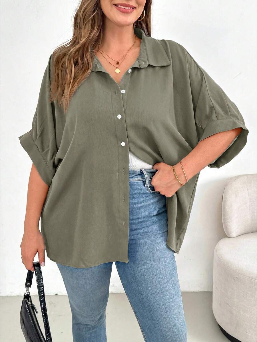 SHEIN Essnce Áo sơ mi nữ cỡ lớn thời trang xuân hè, kiểu dáng thường ngày rộng rãi, thoải mái, đa năng, ôm nhẹ, màu đen cài nút, áo kiểu nữ, áo công sở, áo đồng phục giáo viên, kiểu dáng đơn giản. - xanh quân đội - Xem 1