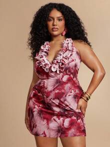 SHEIN BAE Plus Size Women's Brown Floral Elegant Mini Dress, Ruffle Deep V-Neck Gym Summer - Red - View 6