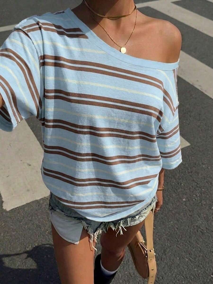 SHEIN EZwear 女士休闲简约蓝棕条纹宽松短袖T恤 - 彩色 - 查看 1