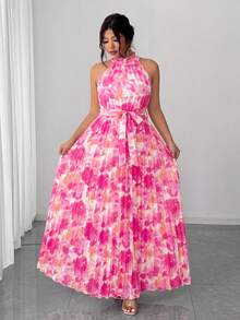Elenzga Plus Size Women Elegant Romantic Ditsy Floral Halter Neck Pleated Flowy Waist Maxi Dress - Multicolor - View 6