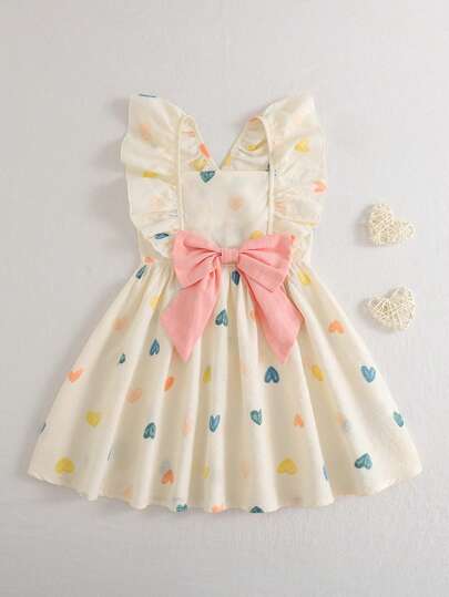 THE HAPPY LOOK Young Girl Colorblock Bow Decor Square Neck Sleeveless Waist Cinched Dress