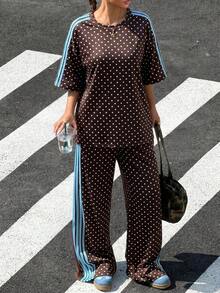 SHEIN EZwear 大尺碼女款波點印花短袖T恤與長褲休閒兩件套 - 棕色 - 查看 6